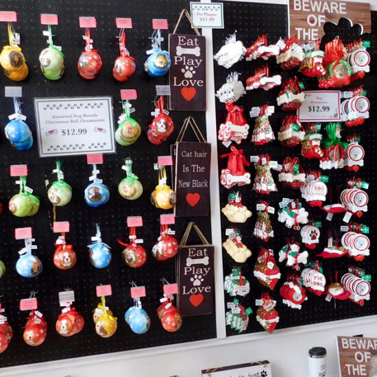 Assortment of Dog ornaments hanging on the wall