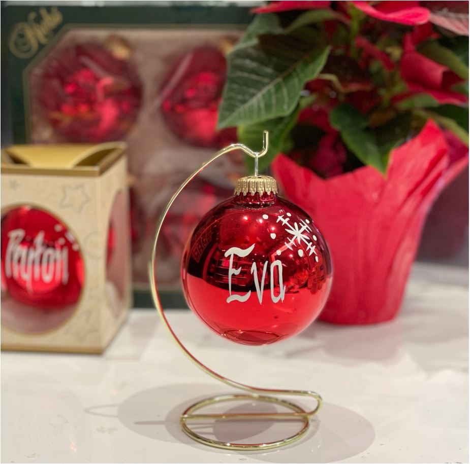 Red Name ball with a plant in the back and other name balls