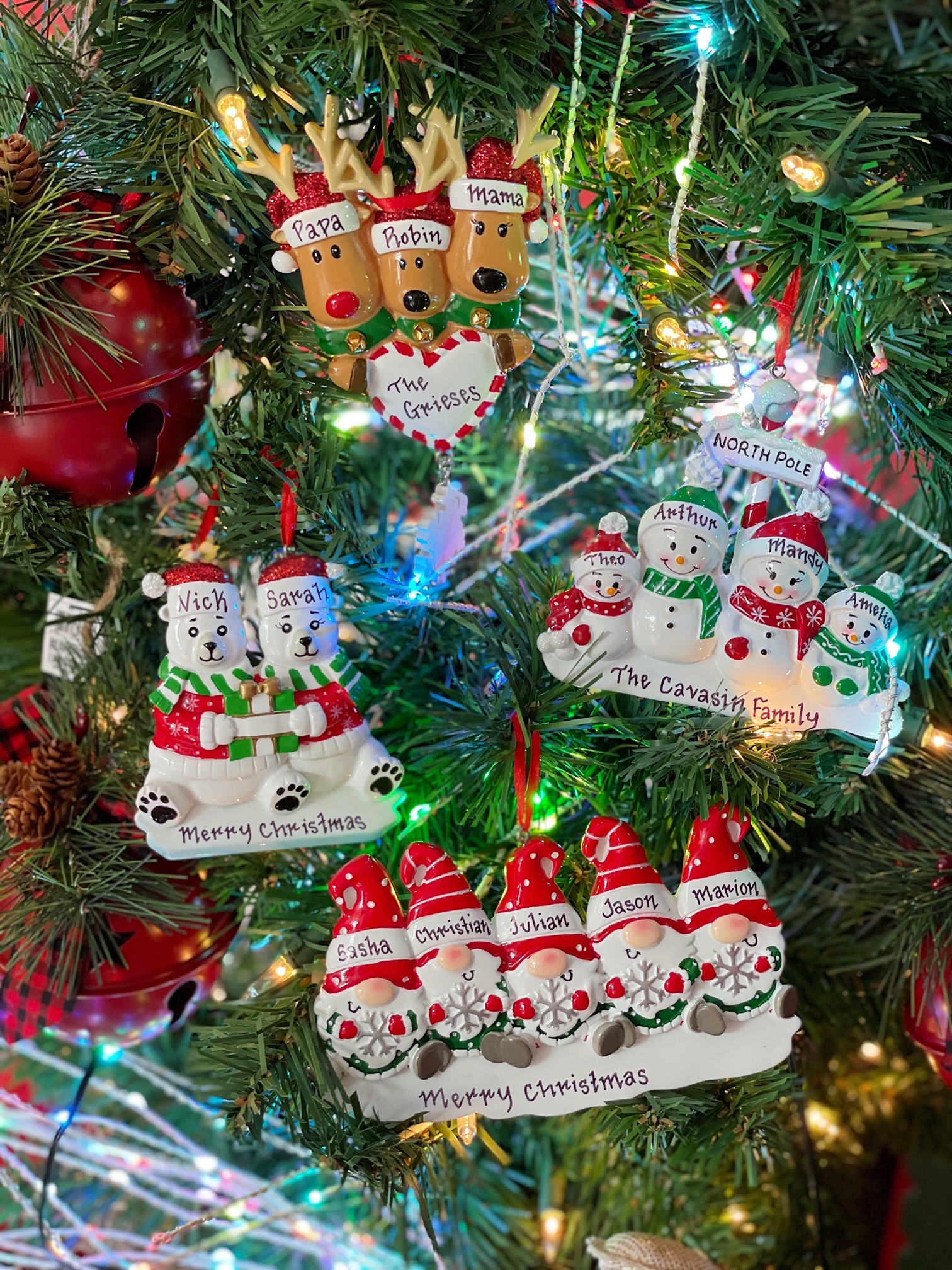 Personalized Ornaments with snowmen, deer and polar bear families