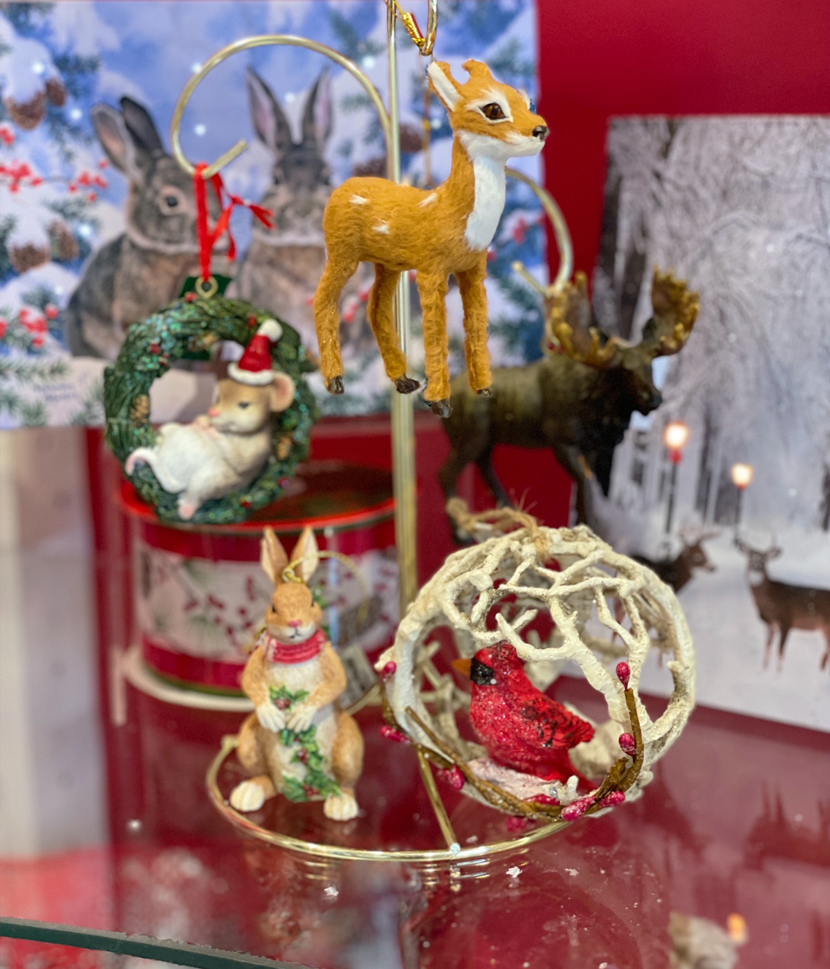 Forest animal ornaments of a rabbit, mouse, deer
