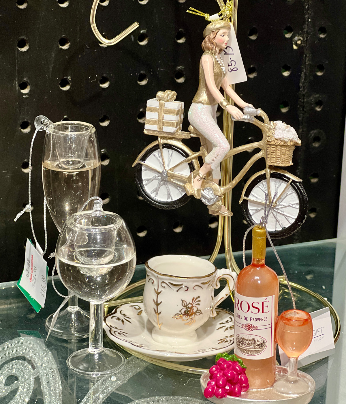 wine glasses, bike, tea cup ornaments