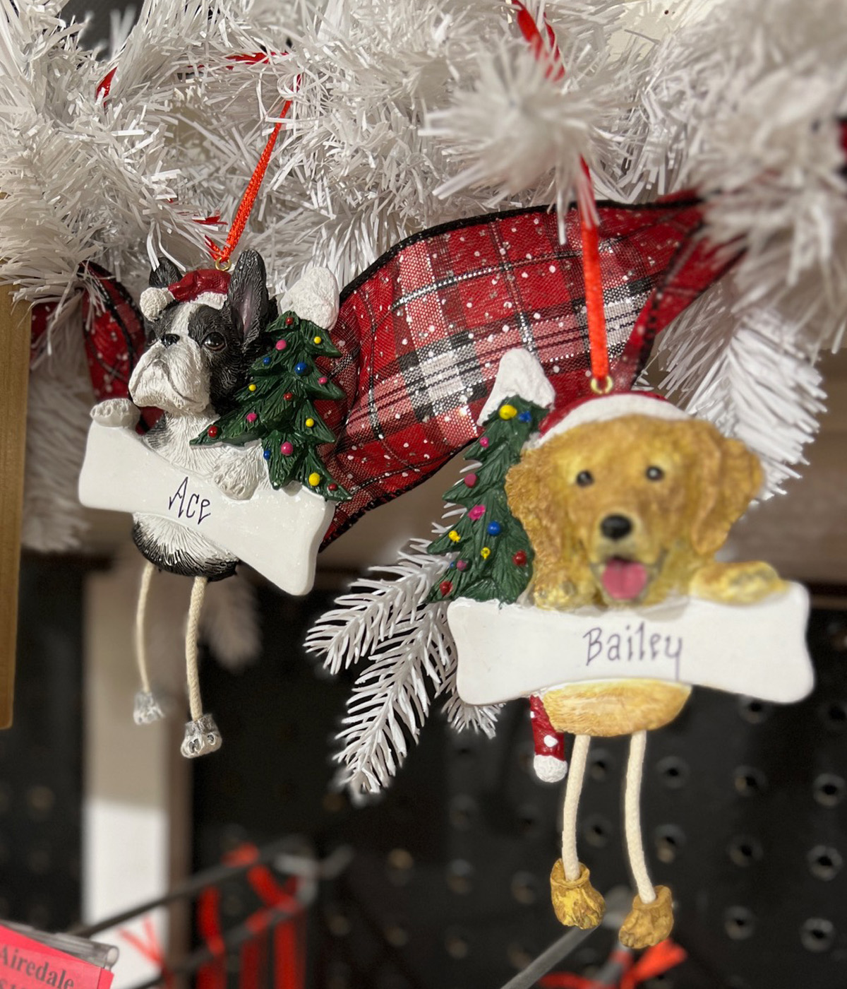 Dangling Dog Ornaments on a tree