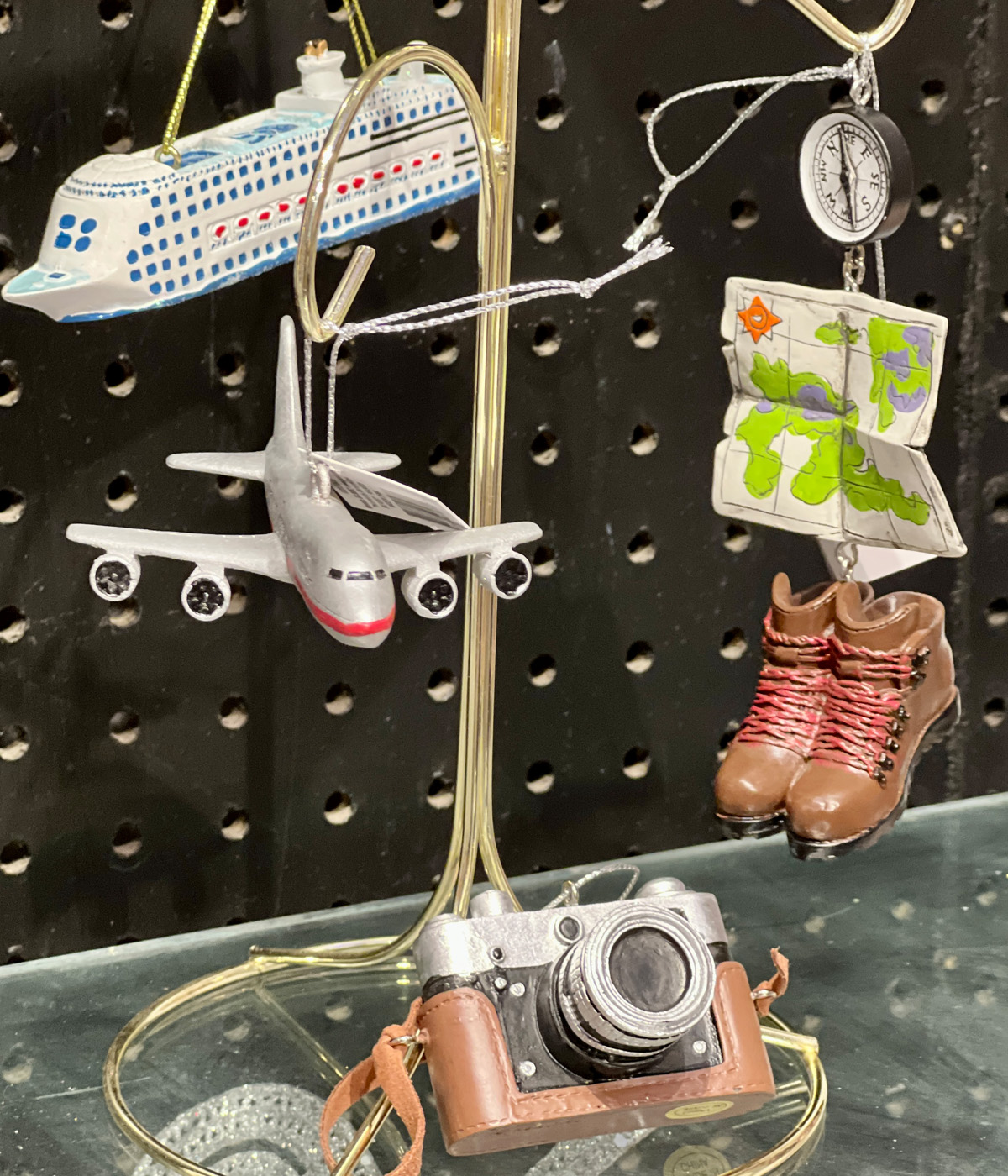 Air plane and ship ornament, Hiking shoes and camera