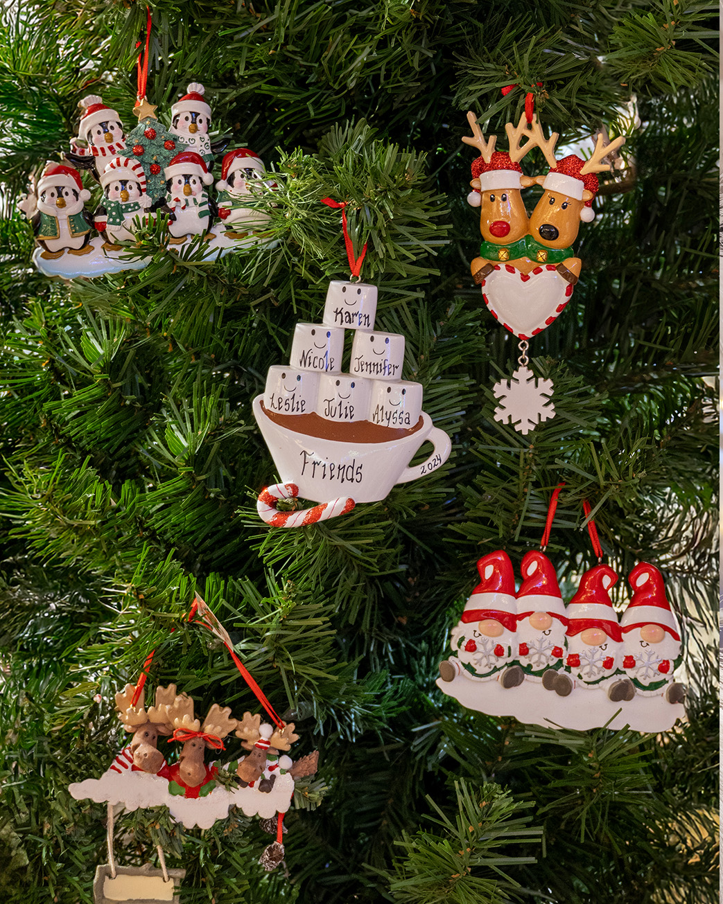 Personalized Family and Friends Ornaments including hot chocolate, reindeers, and elves