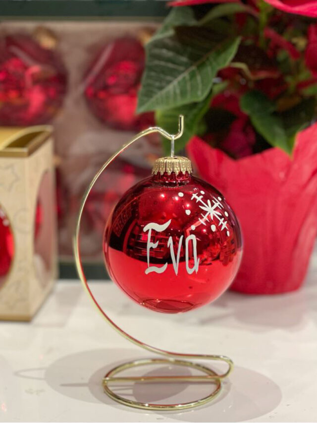 Red Glass Name Ball with the name Eva on it.