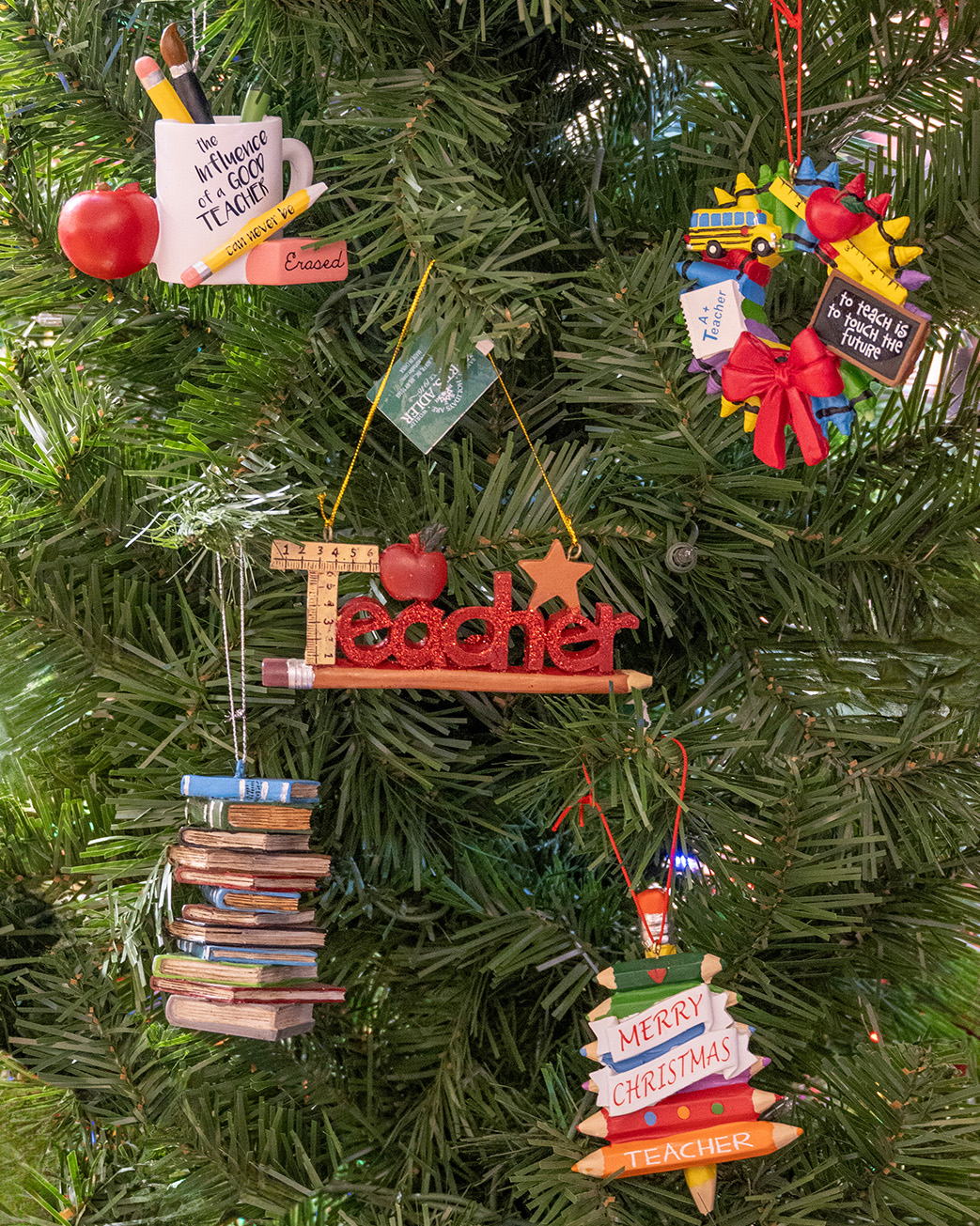 Teacher Christmas Ornaments with rulers and books
